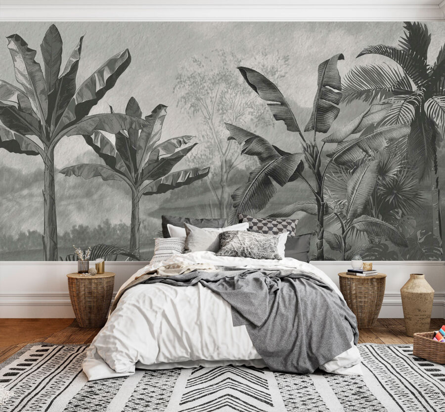 Imagem a preto e branco de uma floresta tropical