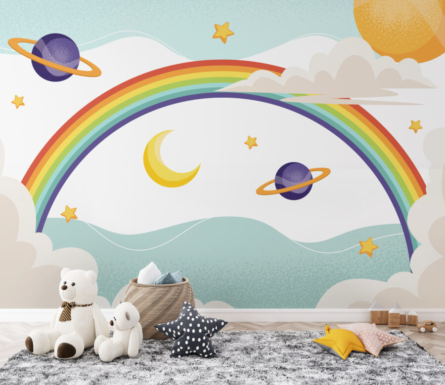 Arco-íris com planetas e estrelas