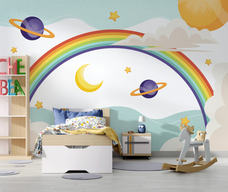 Arco-íris com planetas e estrelas