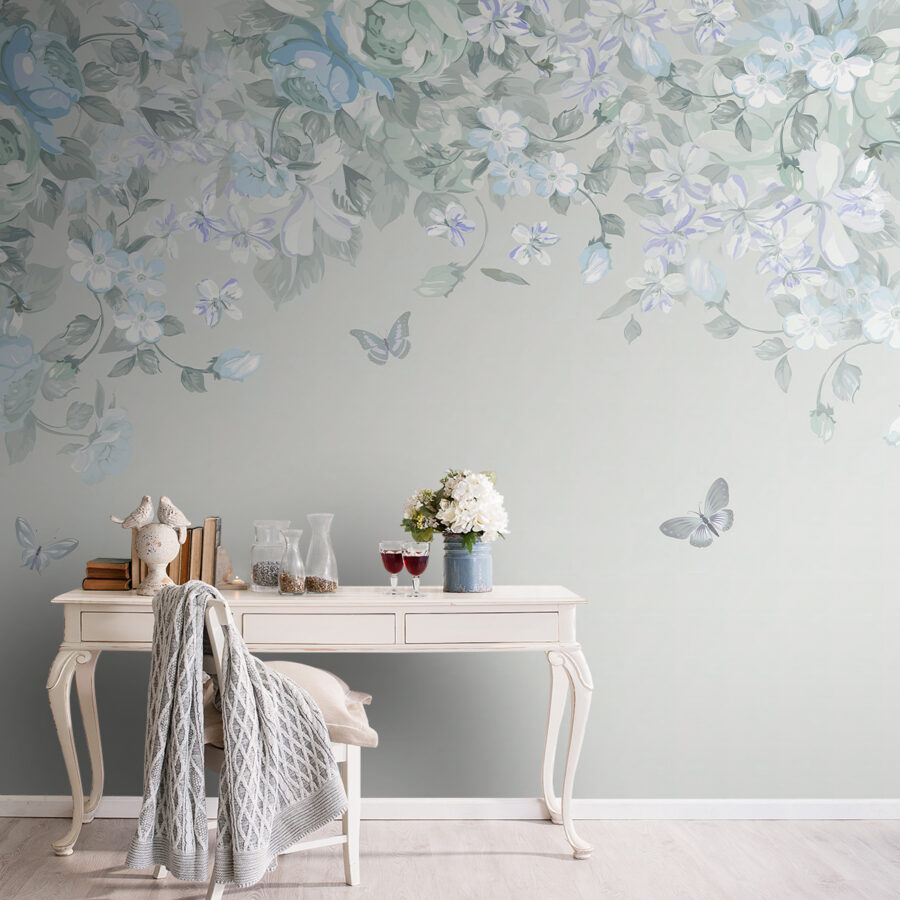 Papel de parede Flores e borboletas brancas e azuis