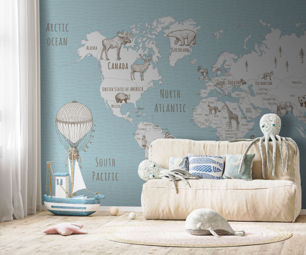 Map of the world with animals Map of the world with animals