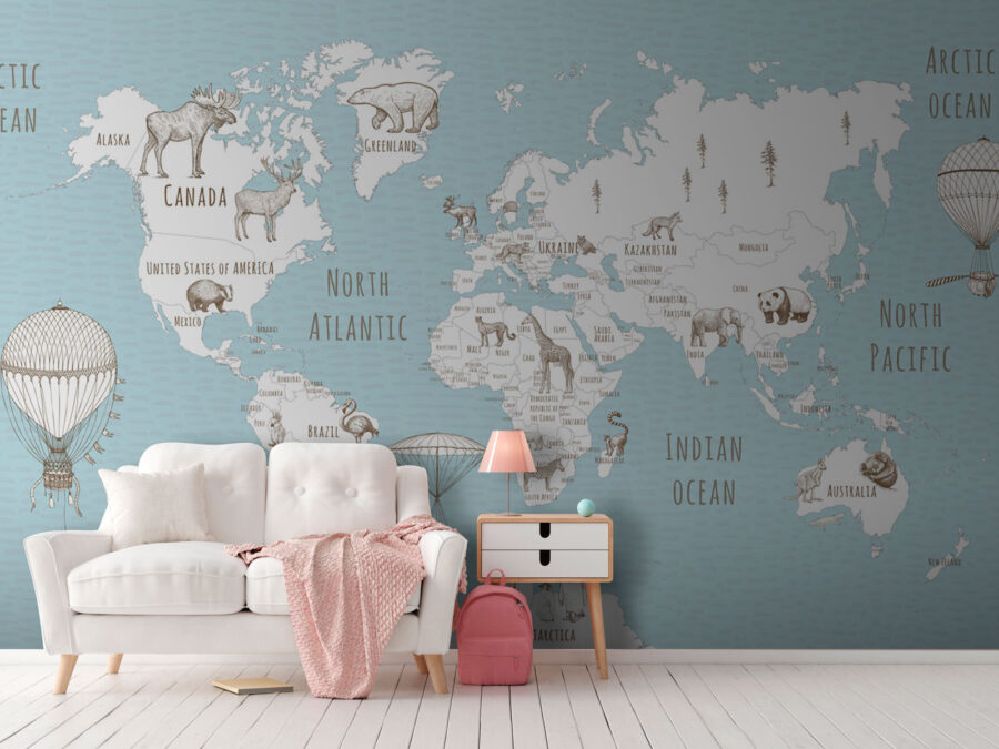Mapa do mundo com animais