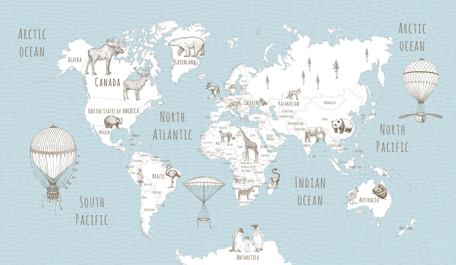 Map of the world with animals Map of the world with animals