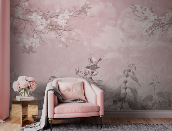 Fundo cor-de-rosa com pássaros e flores Fundo cor-de-rosa com pássaros e flores