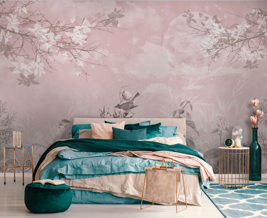 Fundo cor-de-rosa com pássaros e flores