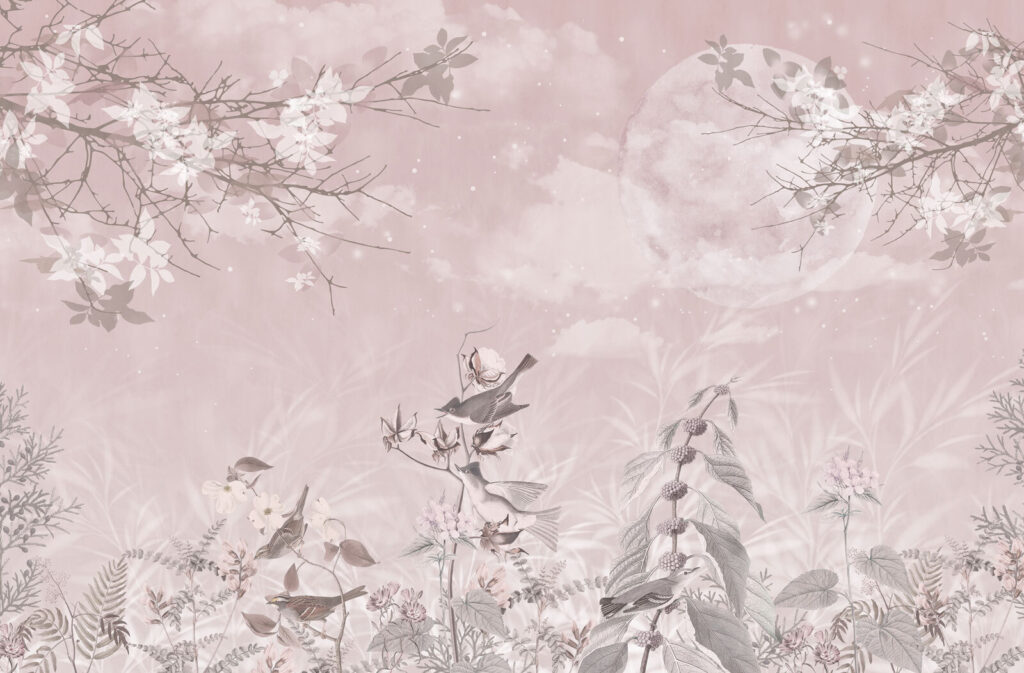 Fundo cor-de-rosa com pássaros e flores Fundo cor-de-rosa com pássaros e flores