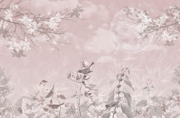 Fundo cor-de-rosa com pássaros e flores Fundo cor-de-rosa com pássaros e flores