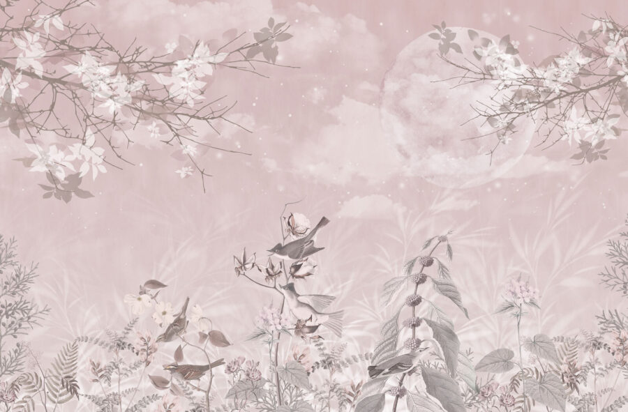 Fundo cor-de-rosa com pássaros e flores