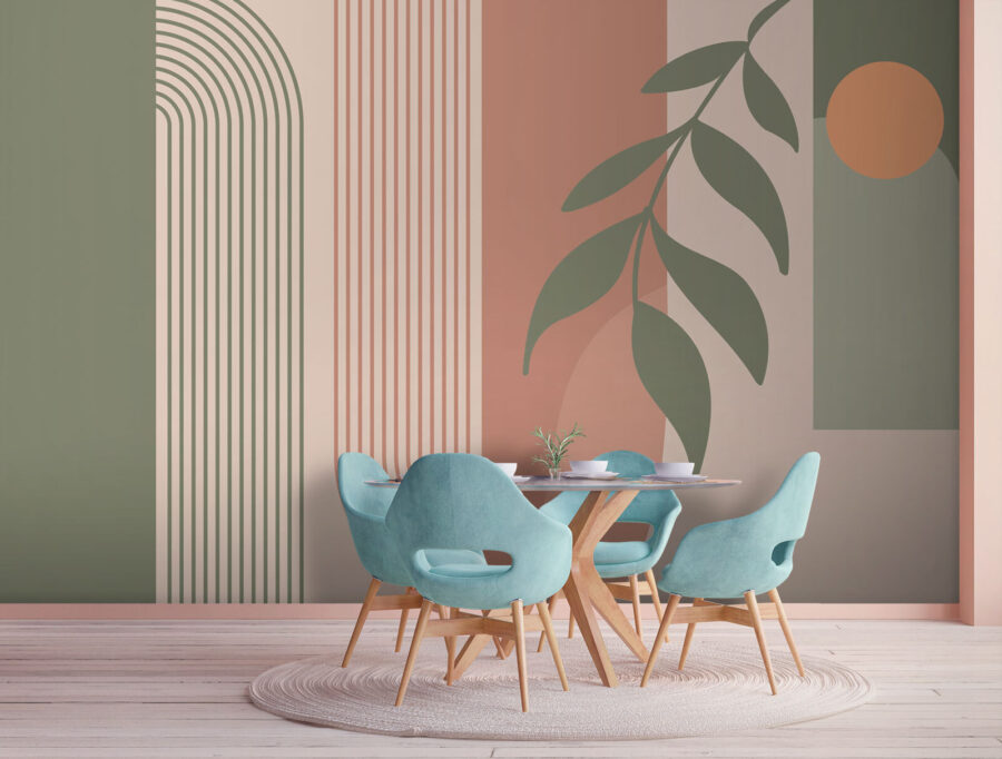 Papel de parede Linhas verdes e cor-de-rosa e uma folha
