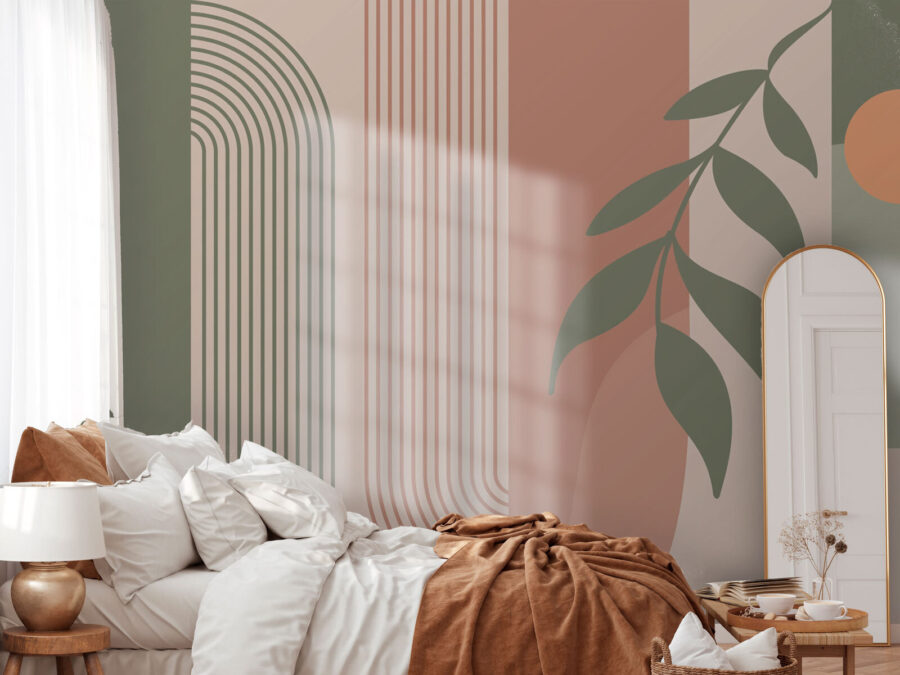Papel de parede Linhas verdes e cor-de-rosa e uma folha - Image 2