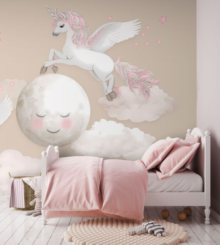 Group of unicorns flying on the moon