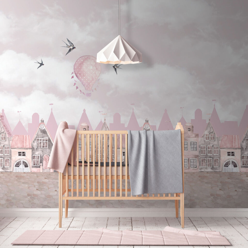 Paisagem urbana cor-de-rosa e branca com balões cor-de-rosa e pássaros a voar u94128pir2 1024x1024 - Paisagem urbana cor-de-rosa e branca com balões cor-de-rosa e pássaros a voar