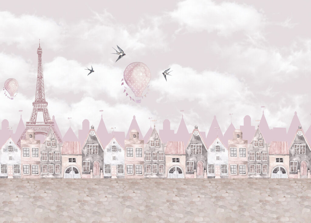 Paisagem urbana cor-de-rosa e branca com balões cor-de-rosa e pássaros a voar Paisagem urbana cor-de-rosa e branca com balões cor-de-rosa e pássaros a voar