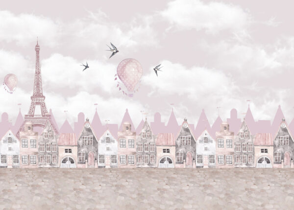 Paisagem urbana cor-de-rosa e branca com balões cor-de-rosa e pássaros a voar Paisagem urbana cor-de-rosa e branca com balões cor-de-rosa e pássaros a voar