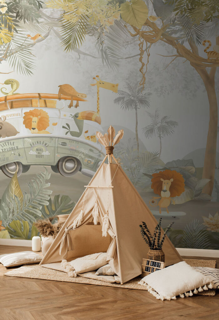 Wallpaper with animals and trees