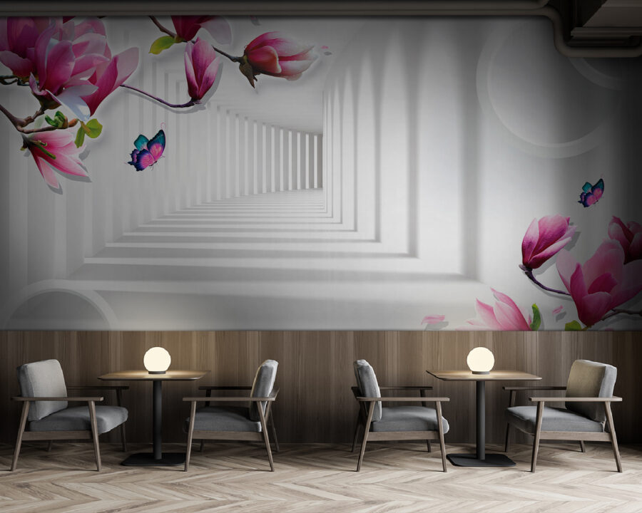 Papel de parede com flores cor-de-rosa e borboletas