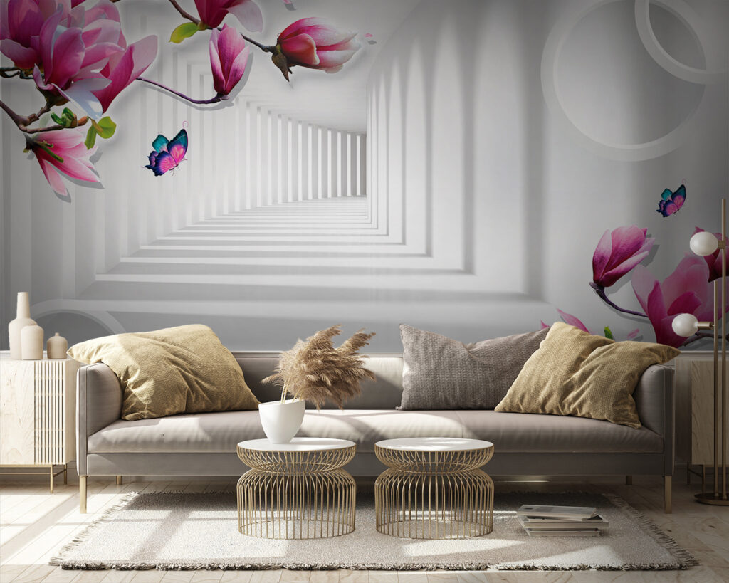 Wallpaper with pink flowers and butterflies