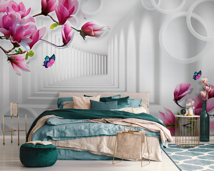 Papel de parede com flores cor-de-rosa e borboletas