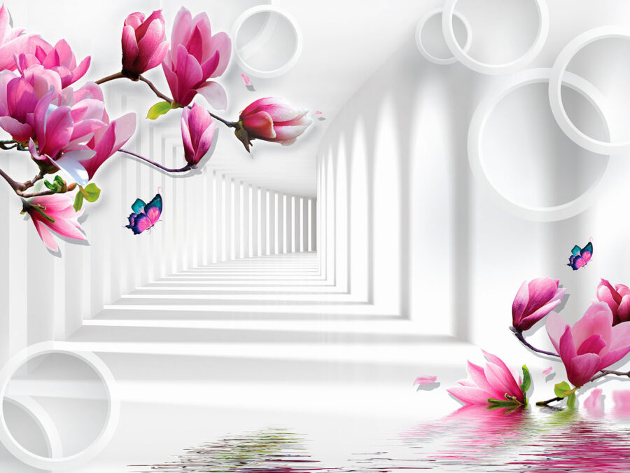 Papel de parede com flores cor-de-rosa e borboletas