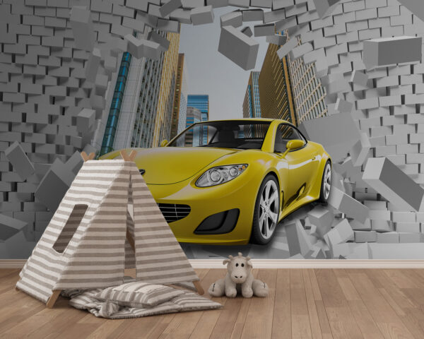Carro amarelo num muro de tijolos Carro amarelo num muro de tijolos