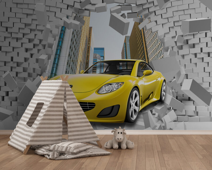 Carro amarelo num muro de tijolos