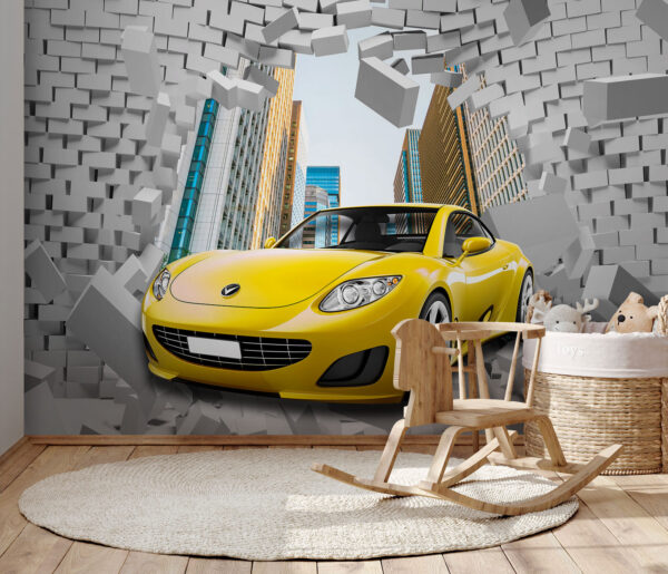 Carro amarelo num muro de tijolos Carro amarelo num muro de tijolos