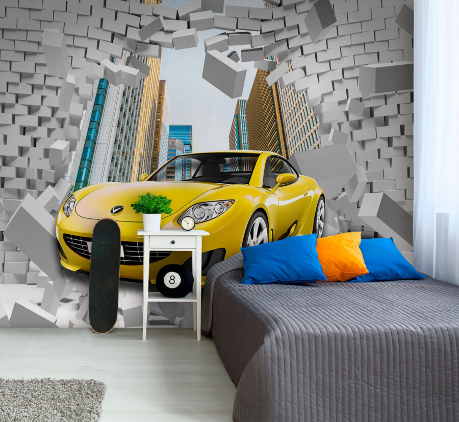 Carro amarelo num muro de tijolos