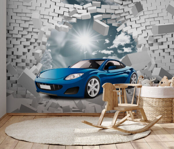 Carro azul num muro de tijolos brancos Carro azul num muro de tijolos brancos