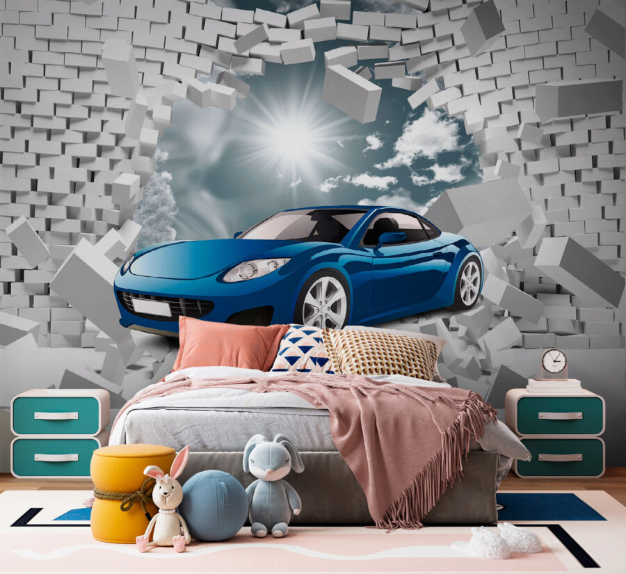 Carro azul num muro de tijolos brancos
