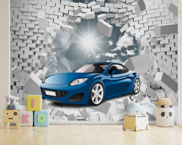 Carro azul num muro de tijolos brancos Carro azul num muro de tijolos brancos