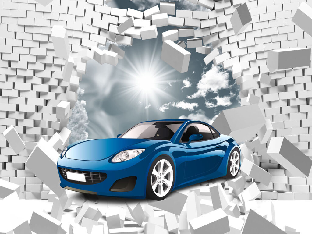 Carro azul num muro de tijolos brancos Carro azul num muro de tijolos brancos