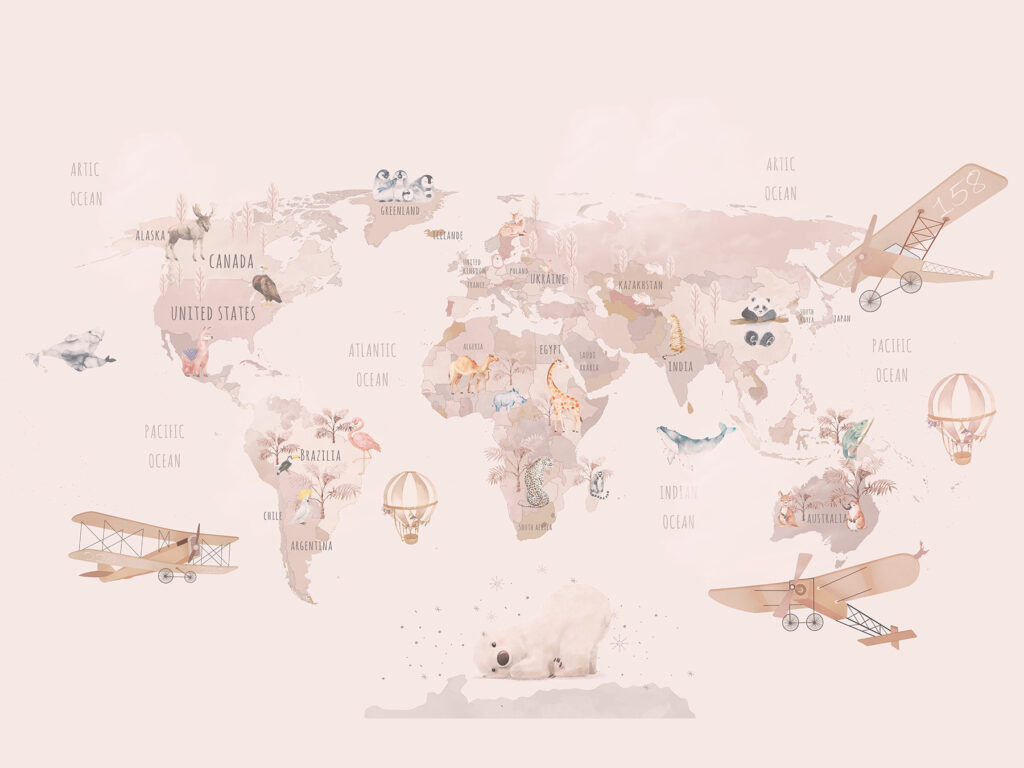 Mapa do mundo com aviões e ursos polares Mapa do mundo com aviões e ursos polares