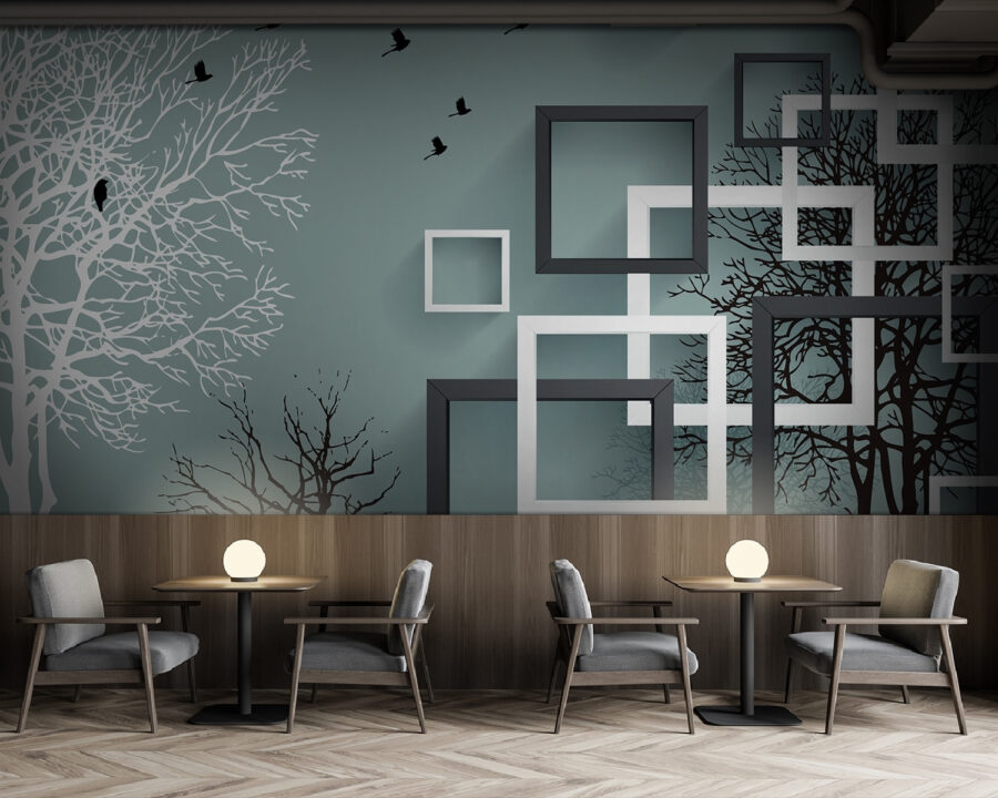 Mural de parede com árvores e pássaros a voar