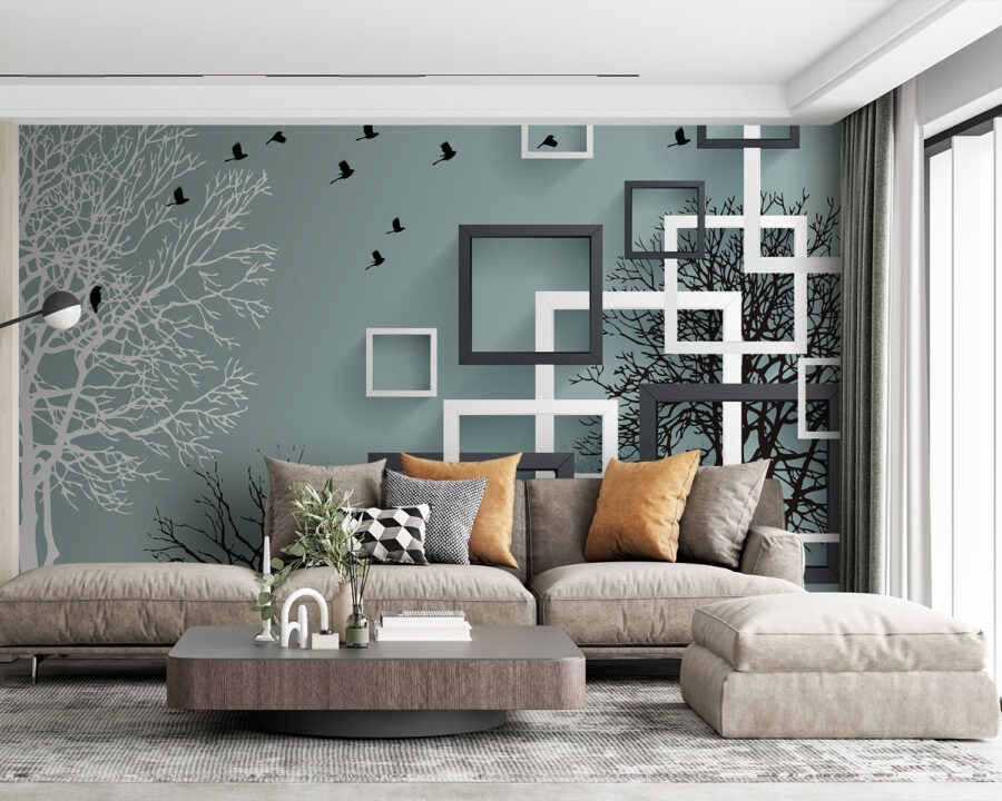Mural de parede com árvores e pássaros a voar