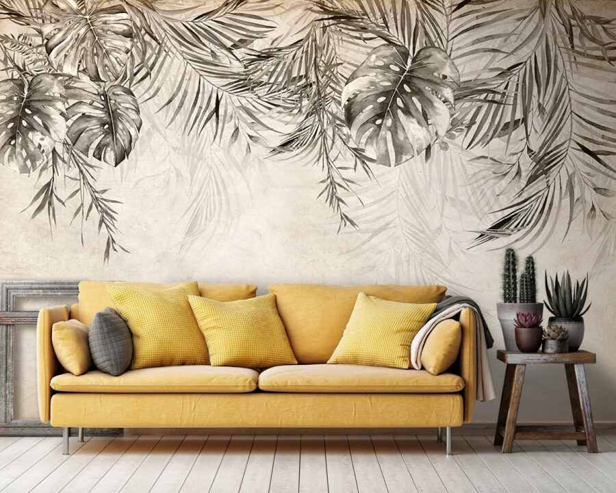 Folhas tropicais sobre um fundo texturado.