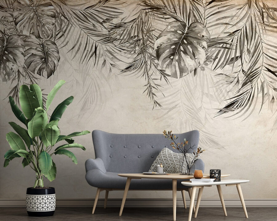 Folhas tropicais sobre um fundo texturado.