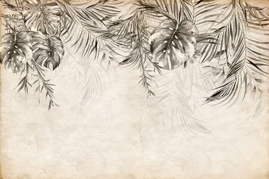 Folhas tropicais sobre um fundo texturado.