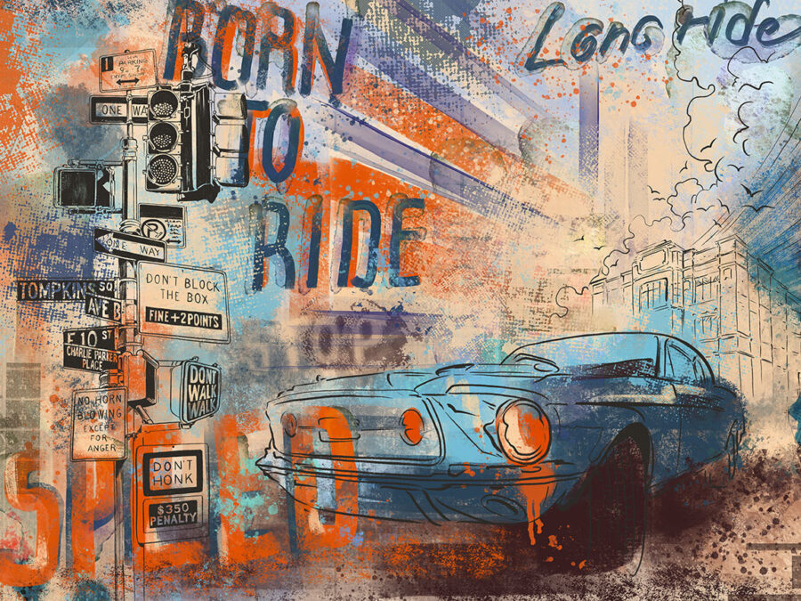 Pintura de um carro e de sinais de trânsito