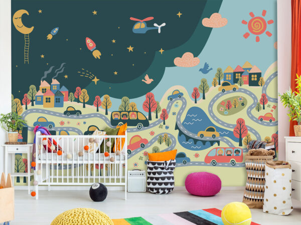 Papel de parede Papel de parede Desenho animado de carros e casas (REF: u93830)