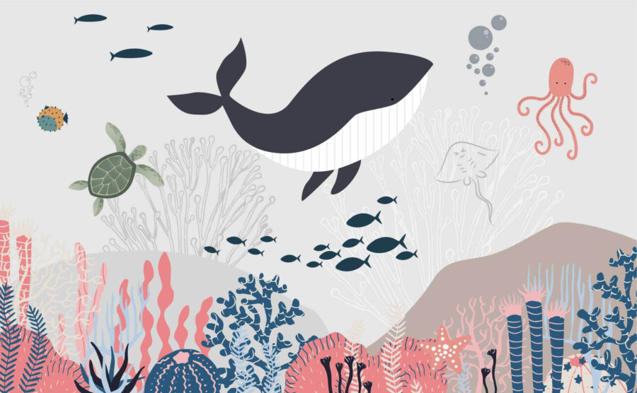 Baleia e peixe a nadar no oceano