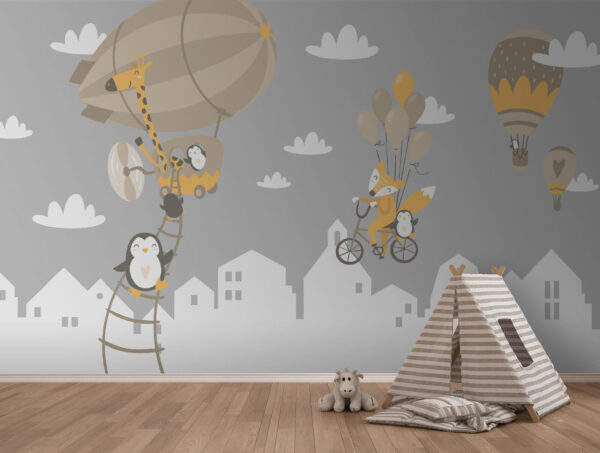 Animais de desenho animado a andar de bicicleta e um balão Animais de desenho animado a andar de bicicleta e um balão