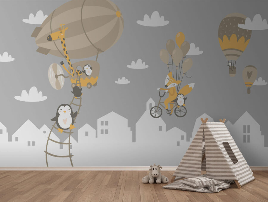 Papel de parede Animais de desenho animado a andar de bicicleta e um balão - Image 3