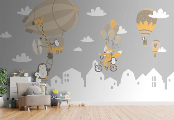 Animais de desenho animado a andar de bicicleta e um balão Animais de desenho animado a andar de bicicleta e um balão