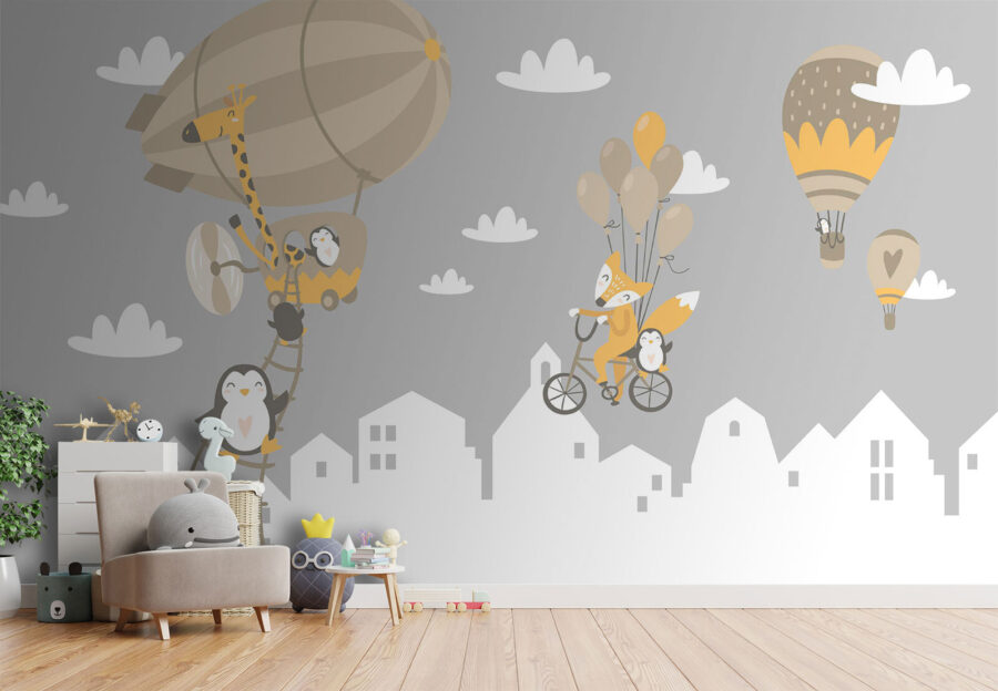 Papel de parede Animais de desenho animado a andar de bicicleta e um balão - Image 2