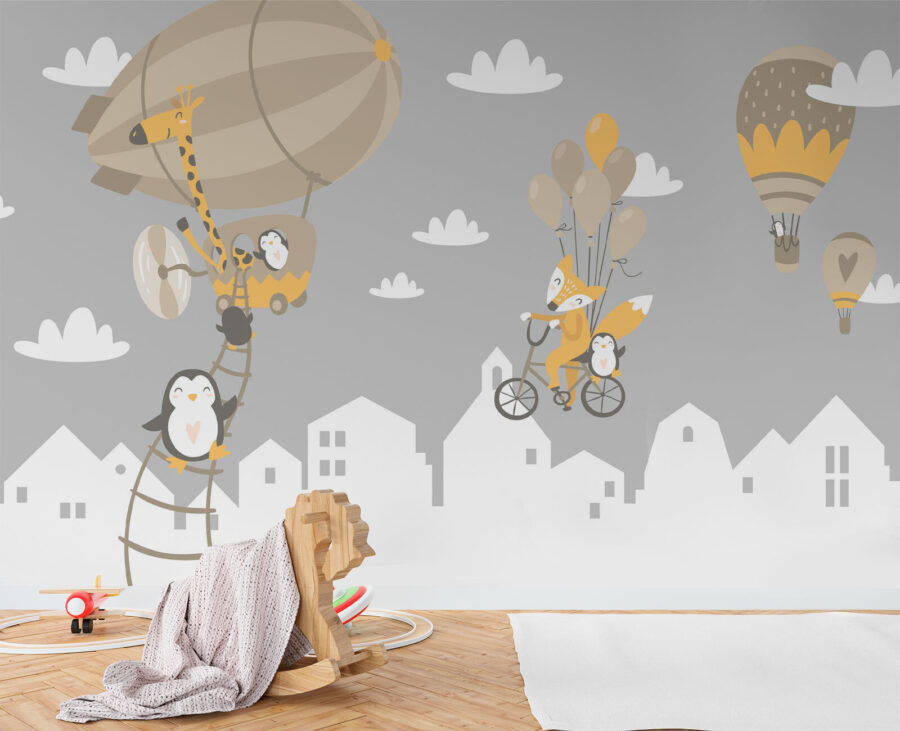 Papel de parede Animais de desenho animado a andar de bicicleta e um balão