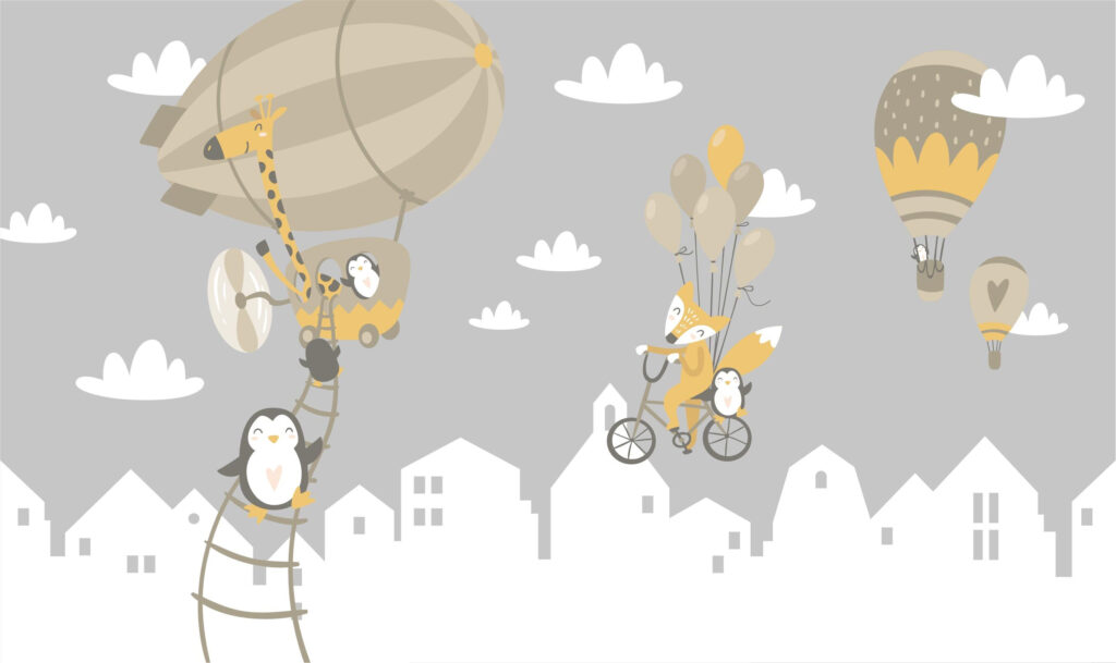Animais de desenho animado a andar de bicicleta e um balão Animais de desenho animado a andar de bicicleta e um balão