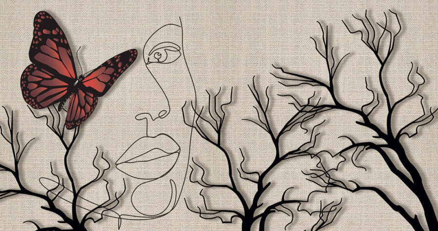 Borboleta e um desenho de um rosto de mulher