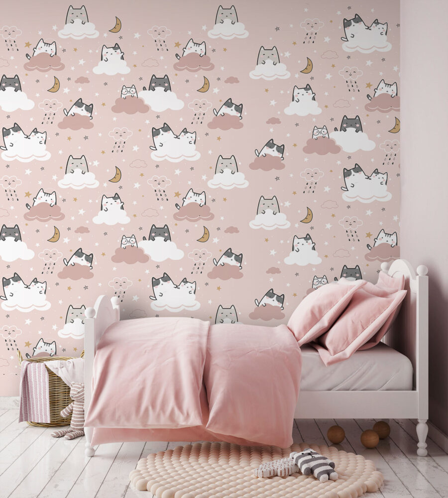 Papel de parede Padrão de gatos sobre um fundo cor-de-rosa - Image 3