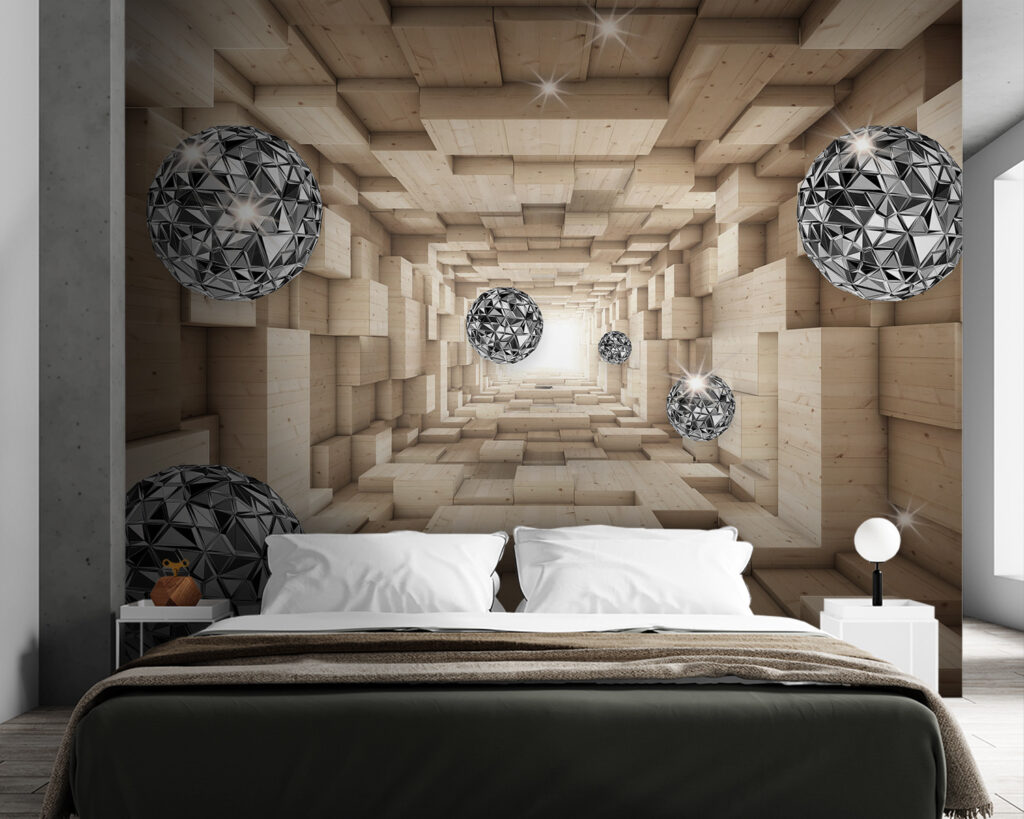 Room with wood and silver balls Room with wood and silver balls