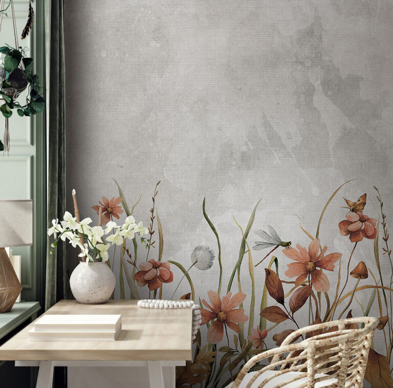 Pintura de flores e relva